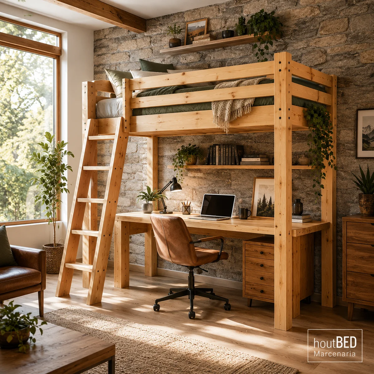 Integração de espaço loft com área de trabalho sob beliche